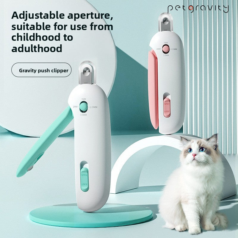 Adjustable aperture pet nail grinder for pets, featuring gravity push clipper design for ease of use.